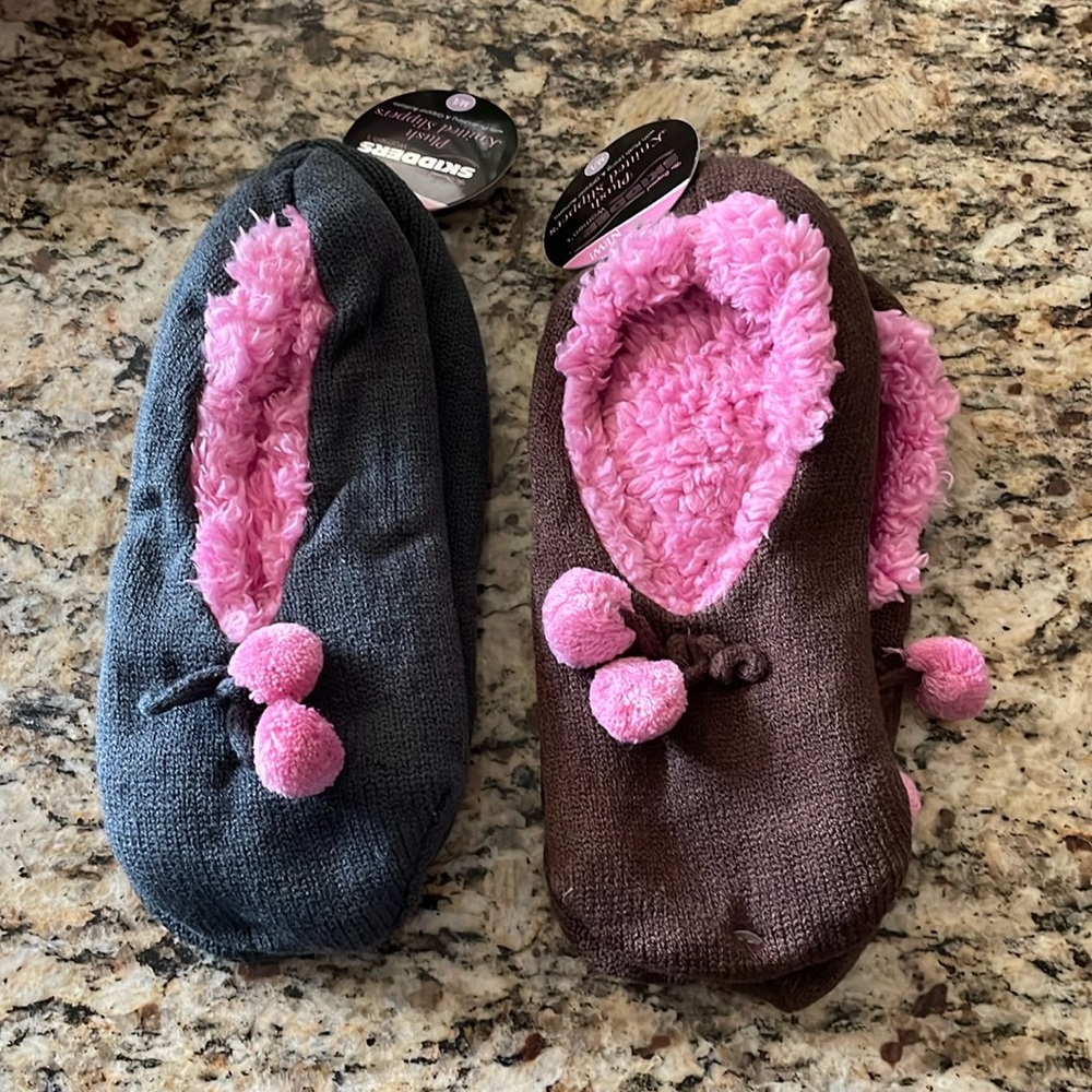 Plush Knitted Slippers with Gripper Bottoms by Skidders Bundle of 2